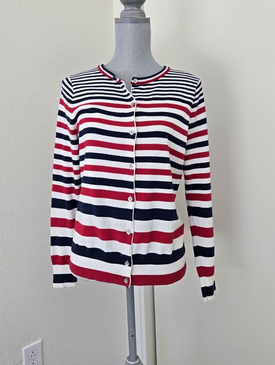 Lands' End Sweaters - Lands' End Women's 6-8/ Small 100% Supima Cotton Red White Blue Stripe Cardigan